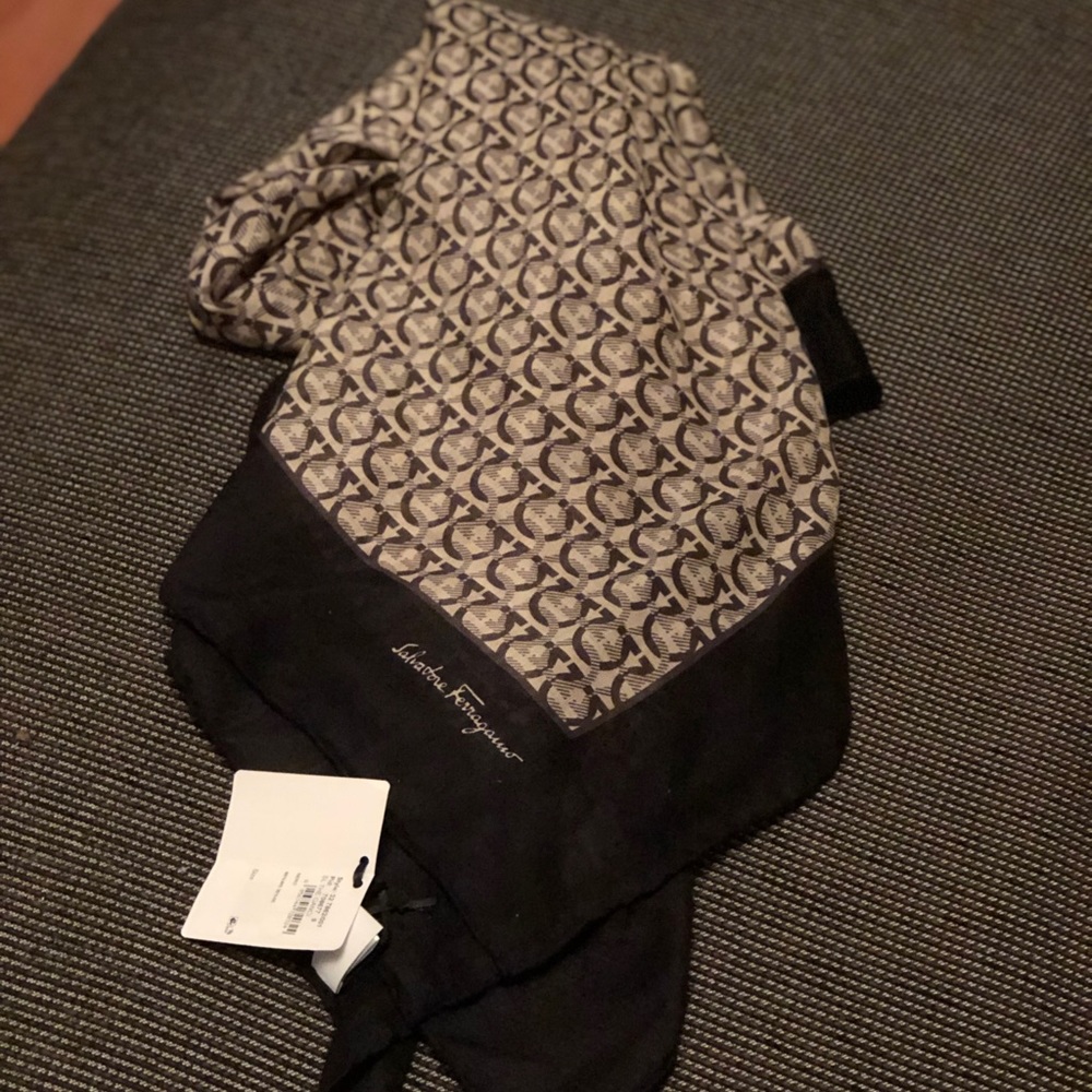 Salvatore Ferragamo Black and Beige Monogram Silk Scarf